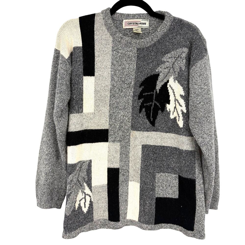 Crystal-Kobe Vintage Color Block Leaf Silk Angora Rabbit Hair Blend Gray Sweater